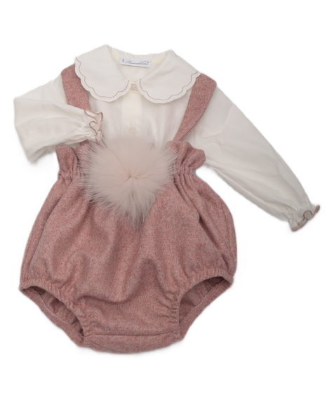 COMPLETO 2 PZ PAGLIACCETTO BRETELLE CON POMPON+BODY CAMICIA COLLETTO FIORE - NEONATA - 15%LANA-70%VISCOSA-15%POLIESTERE - BARCELLINO 136109