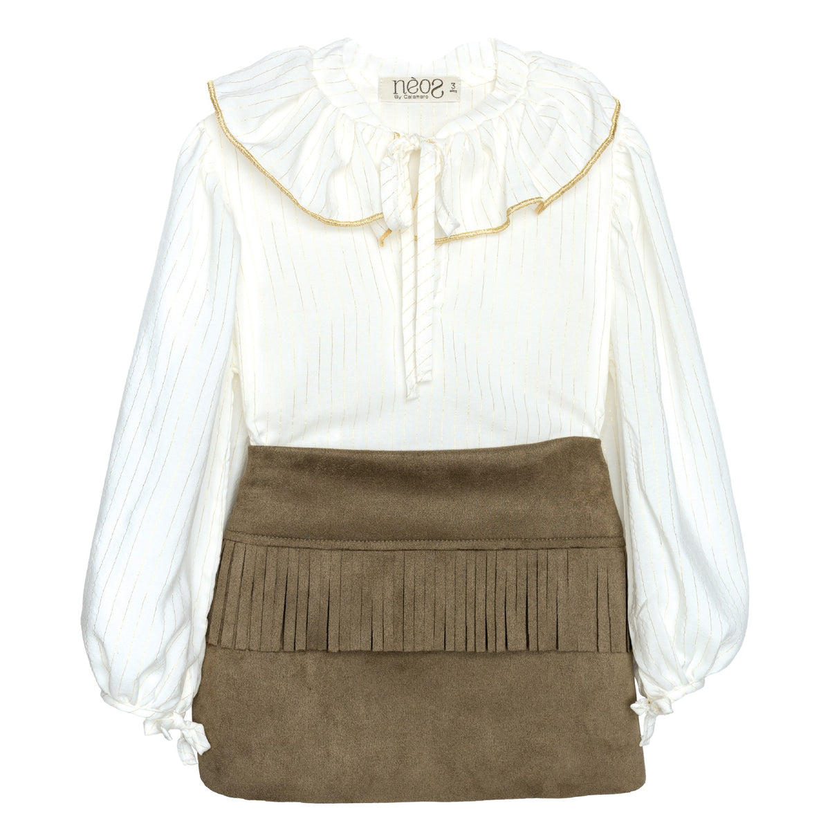 camicia colletto e gonna con frange in camiscio - BAMBINA - 100% COTONE ORGANICO - CALAMARO A11017