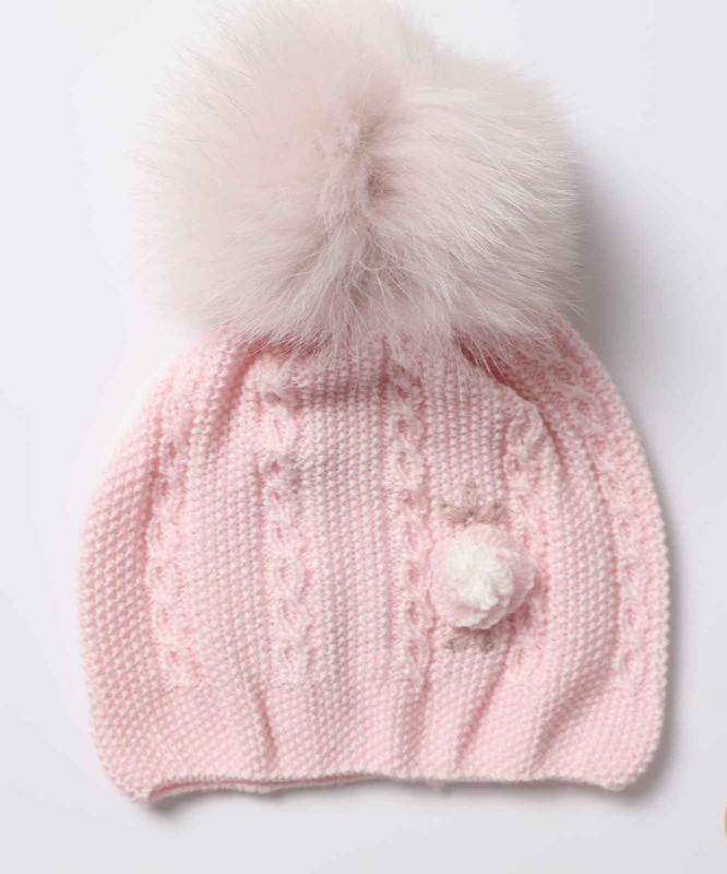 CAPPELLO INTRECCI +ROSA RICAM.A MANO E CON POMPON - NEONATA - LANA 100% - Marlù IS1171PP