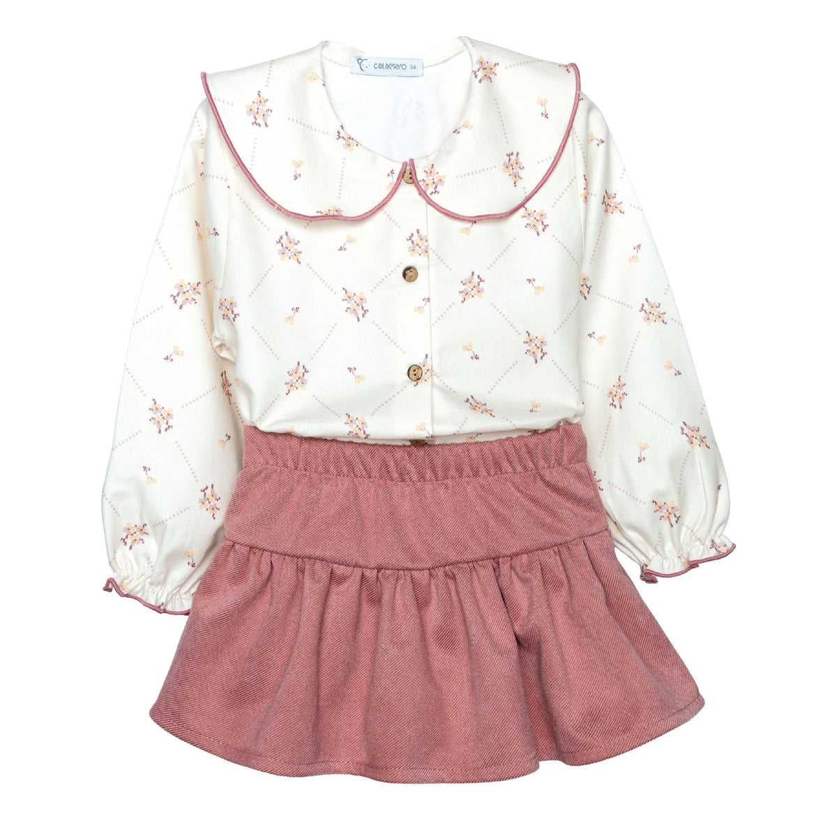 completo 2 pz gonna/pantalone+ blusa con colletto - BAMBINA - 100% cotone - CALAMARO 11415