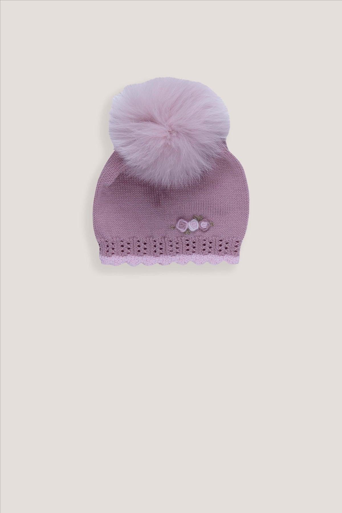 CAPPELLO CON POMPON PELLICCIA E ROSELLINE RICAM.A MANO - NEONATA - LANA 100% - Marlù IS2771PP