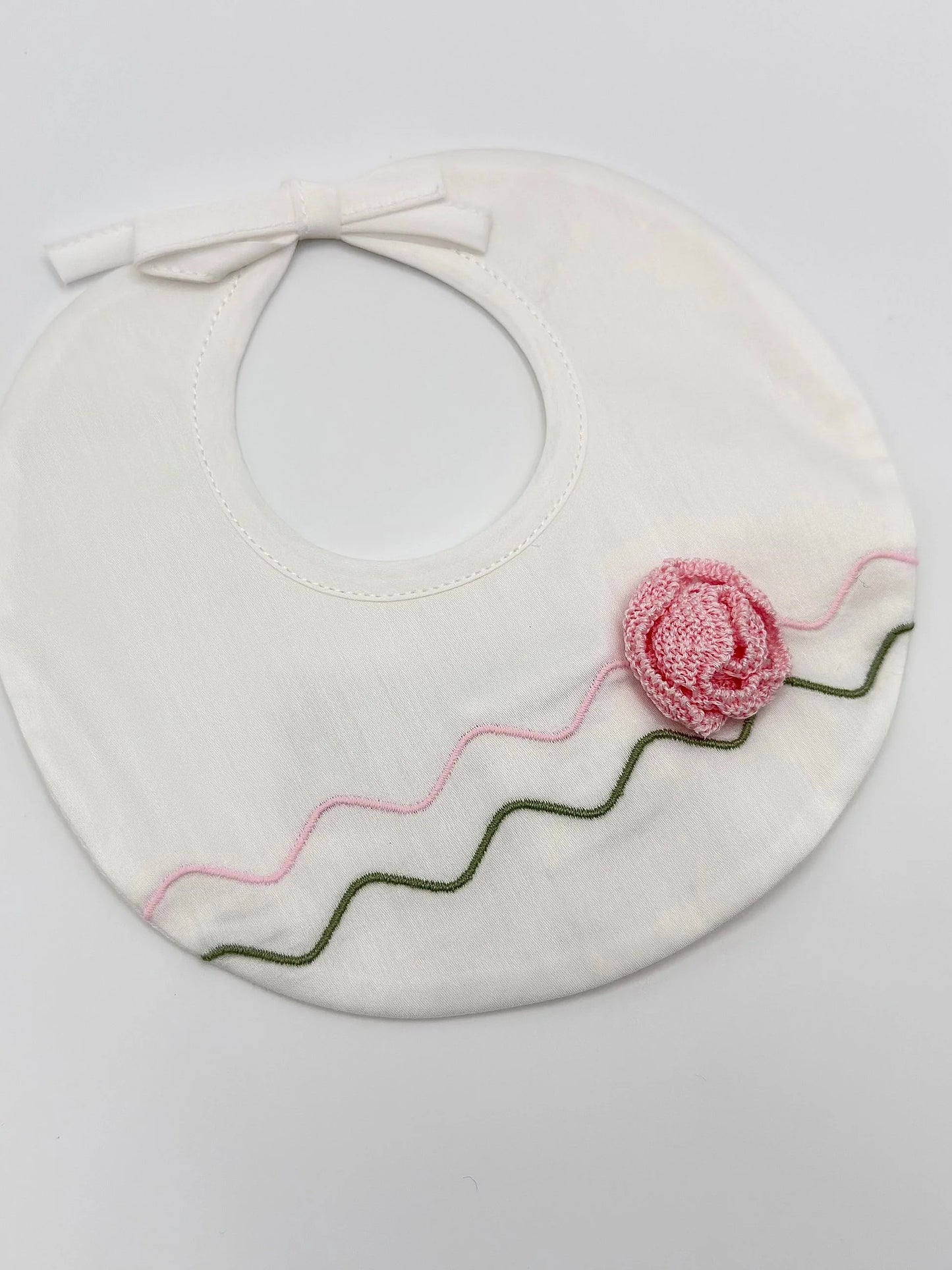 BAVETTA APPLICAZIONE ROSA FATTA A MANO - NEONATA - COTONE 100% - Marlù EK18BAV