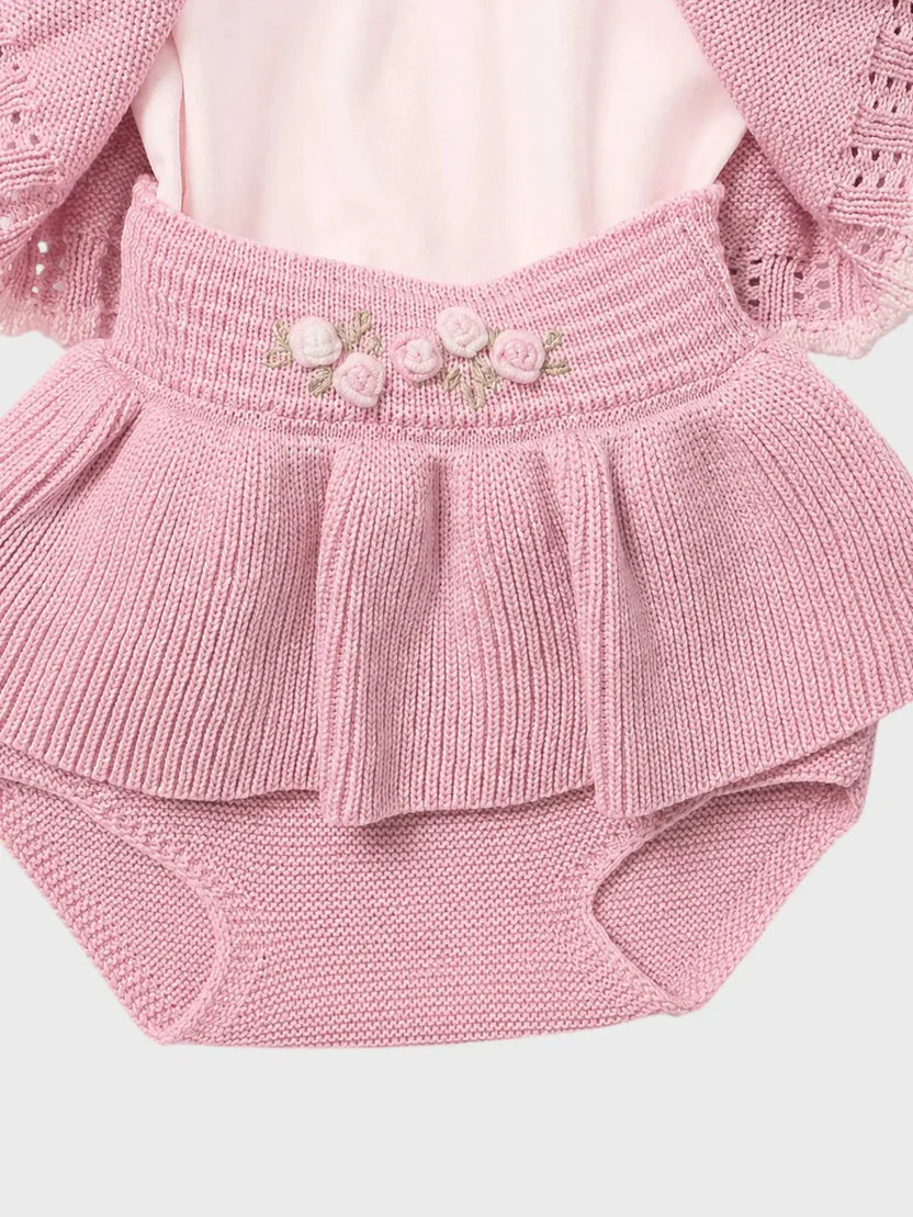 SET 3 PZ CAM.+CARDIGAN+CULOTTE RICAMO A MANO - NEONATA - LANA 100% - Marlù IS2760MU