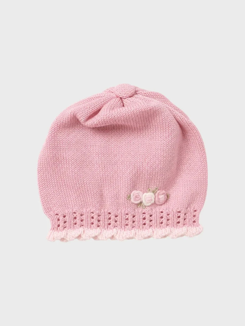 CAPPELLO CON ROSELLINE RICAMATE - NEONATA - LANA 100% - Marlù IS2771BT