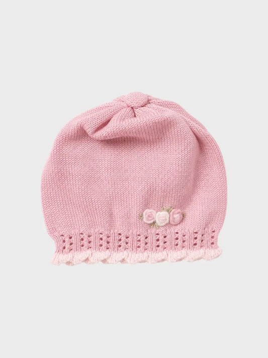 CAPPELLO CON ROSELLINE RICAMATE - NEONATA - LANA 100% - Marlù IS2771BT