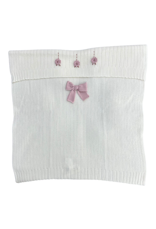 COPERTA "LOVE" E FIORI RICAM. A MANO - NEONATA - LANA 100% - Marlù IS1080
