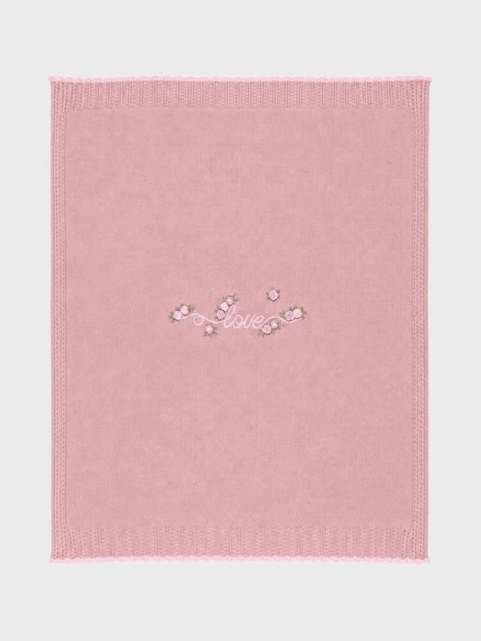 COPERTA "LOVE" E FIORI RICAM. A MANO - NEONATA - LANA 100% - Marlù IS2780