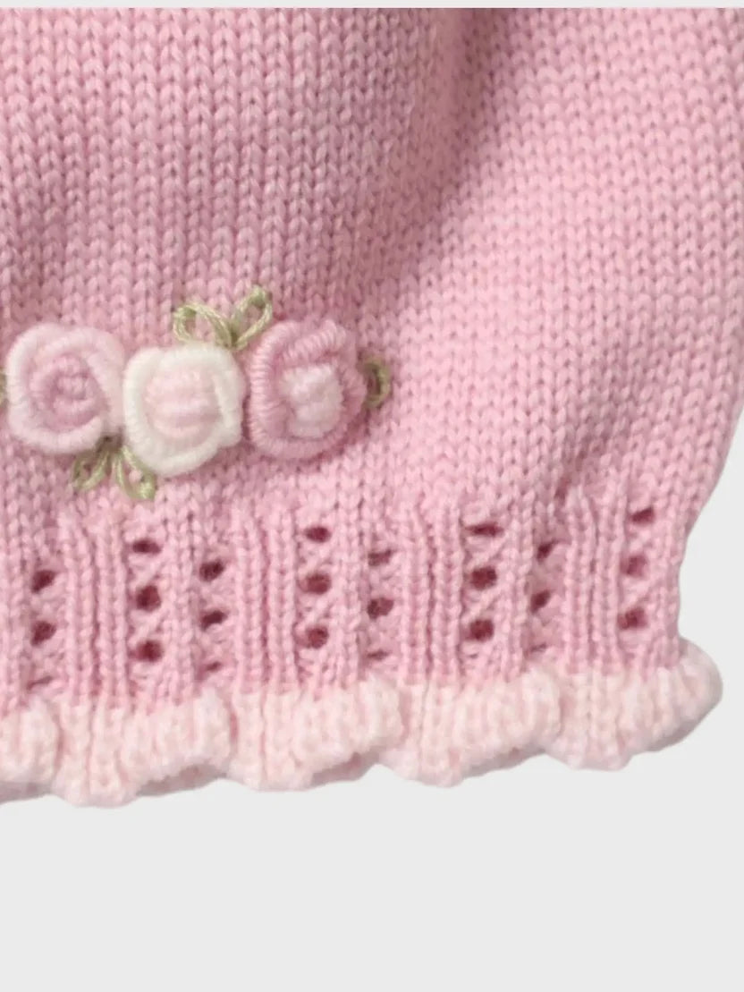 CAPPELLO CON ROSELLINE RICAMATE - NEONATA - LANA 100% - Marlù IS2771BT