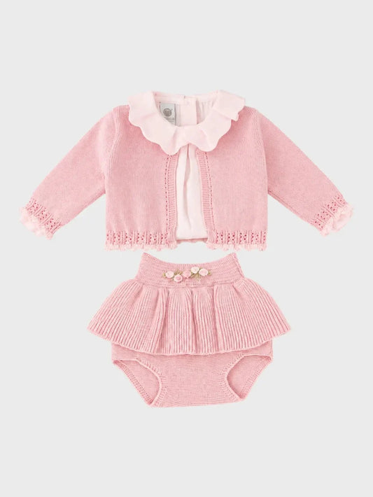 SET 3 PZ CAM.+CARDIGAN+CULOTTE RICAMO A MANO - NEONATA - LANA 100% - Marlù IS2760MU