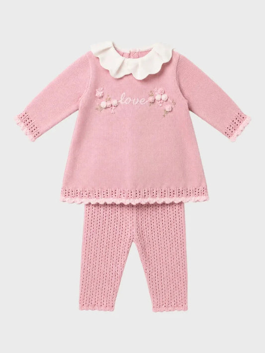 COMPLETO 2 PZ "LOVE" CON RICAMI A MANO - NEONATA - LANA 100% - Marlù IS2719
