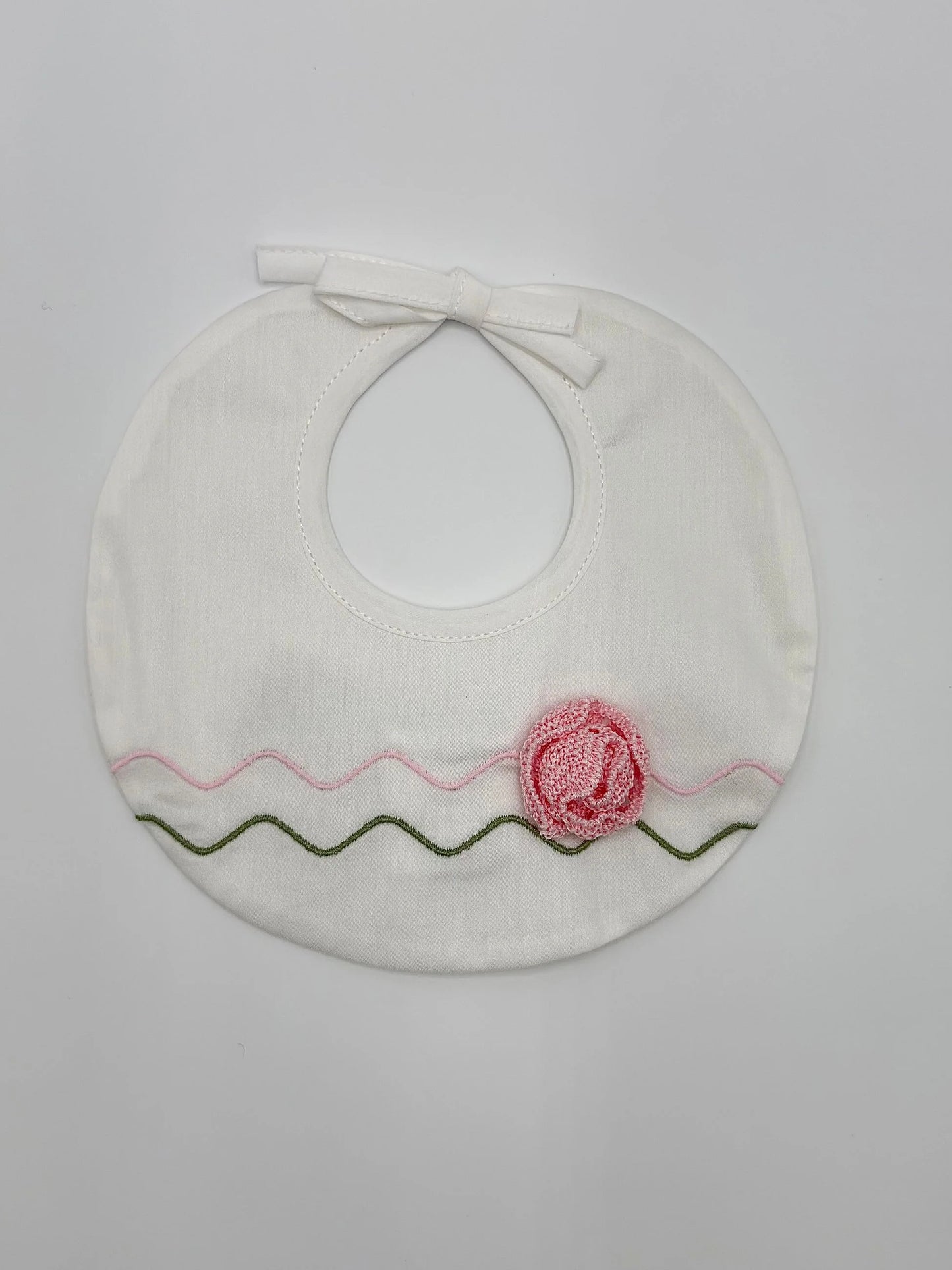 BAVETTA APPLICAZIONE ROSA FATTA A MANO - NEONATA - COTONE 100% - Marlù EK18BAV