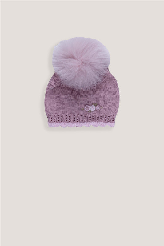 CAPPELLO CON POMPON PELLICCIA E ROSELLINE RICAM.A MANO - NEONATA - LANA 100% - Marlù IS2771PP
